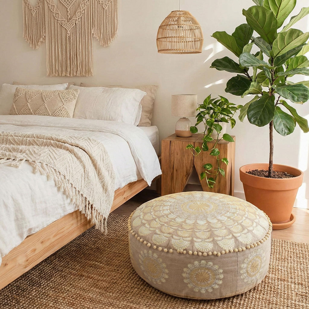 Bohemian Pouf Ottoman Cover 24x8- Luxury, Artisan Room Décor Pouffe for Meditation, Yoga, and Boho Chic