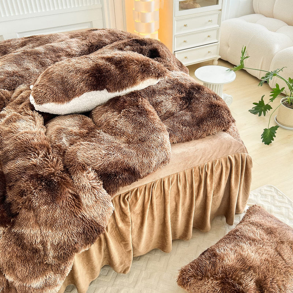 Faux Fur Shaggy Fluffy Comforter Set Mixed Coffee Brwon and White Long Hair, 3 Pieces Plush Flannel Sherpa