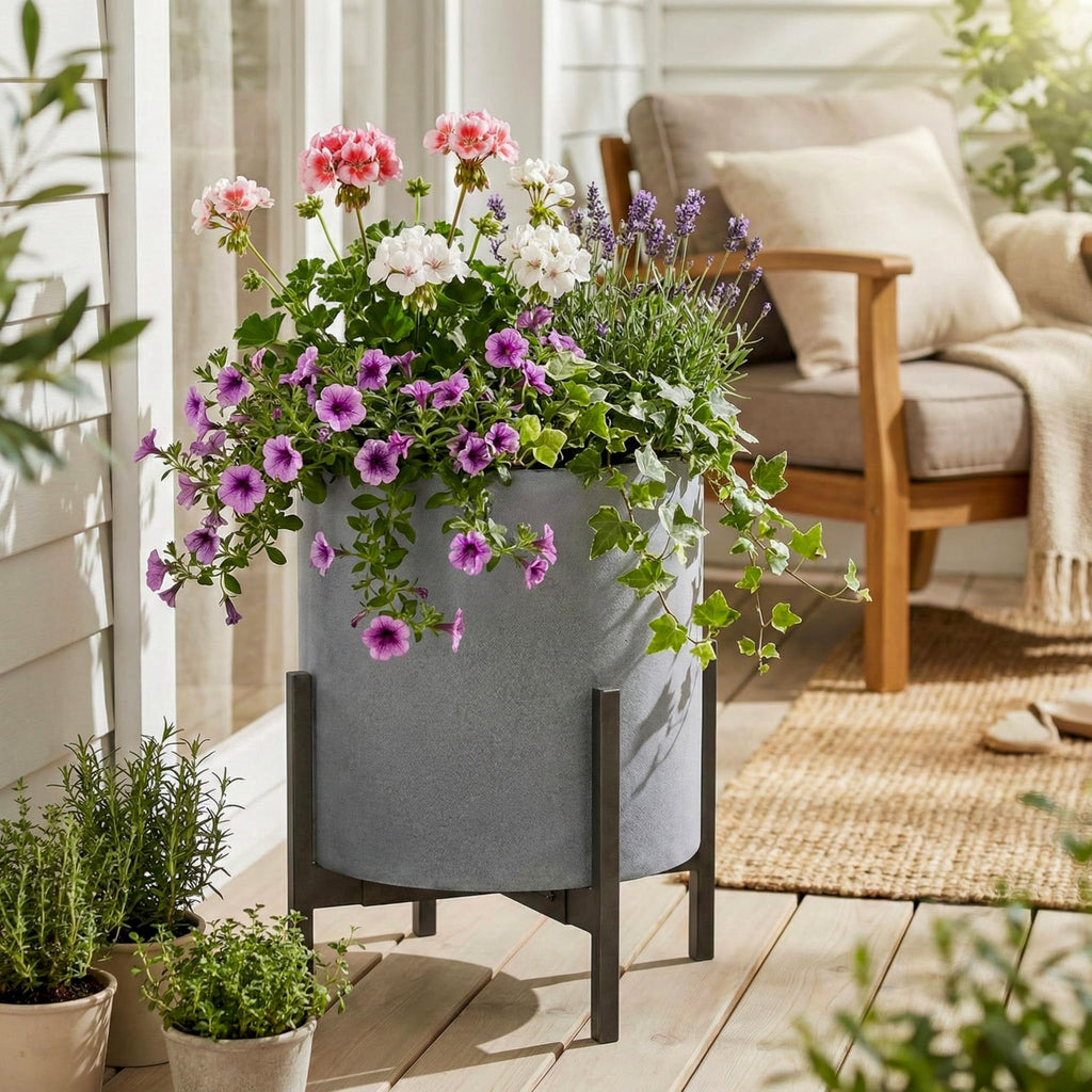 12 Inch Fiberstone Planter - Lightweight Modern Cylinder Plant Pot with Drainage Hole & Plug, Authentic Concrete