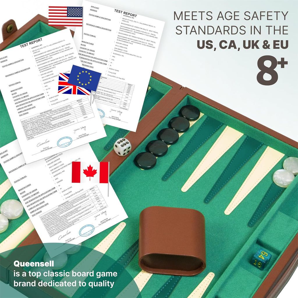 Backgammon Sets for Adults 15 Inch - Premium Faux Suede Leather Backgammon Board Game Set with 32 Chips, Dice Cups &