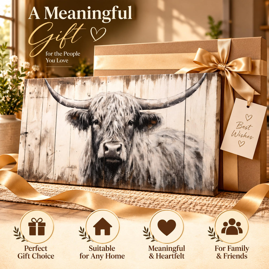 Large Highland Cow Canvas Wall Art, Black and White Cow Picture, 24x48 Inch