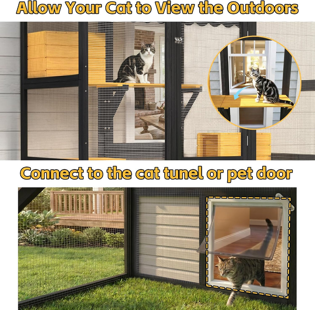 Large Catio Outdoor Cat Enclosure, Freestanding Walk-in Cat Play House W/Window Connection for Multiple Indoor