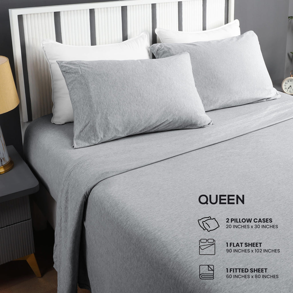 Jersey Knit Sheets 4 Piece, Cotton T-Shirt Feel, Heather Light Grey