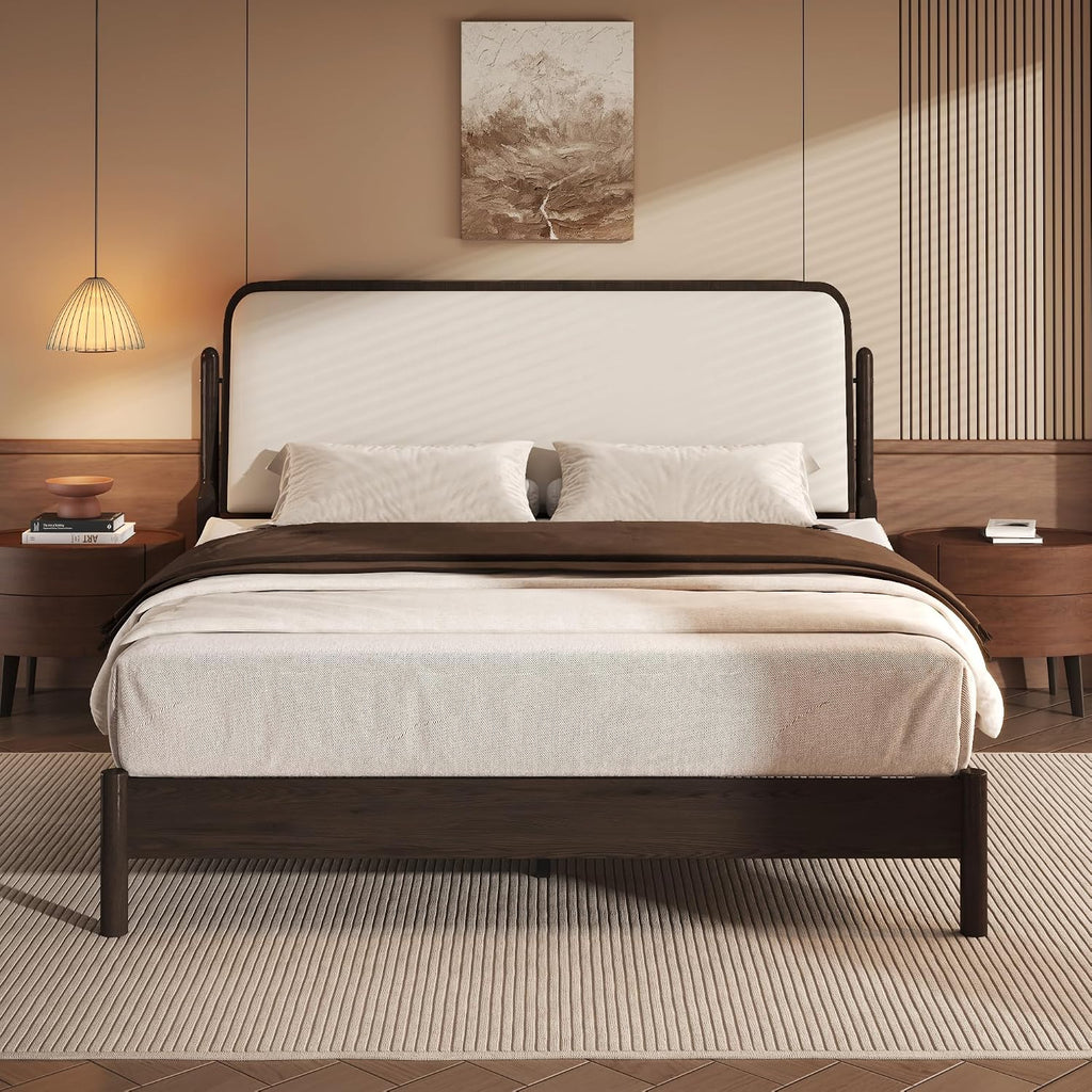 Queen Bed Frame with Upholstered Headboard, Solid Wood Bed Frame Queen with Ergonomic Design Headboard, Wood Slats