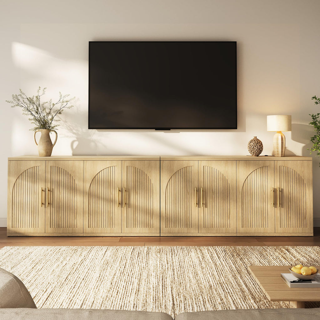 63" Fluted Buffet Cabinet, Oak Credenza with Adjustable Shelf