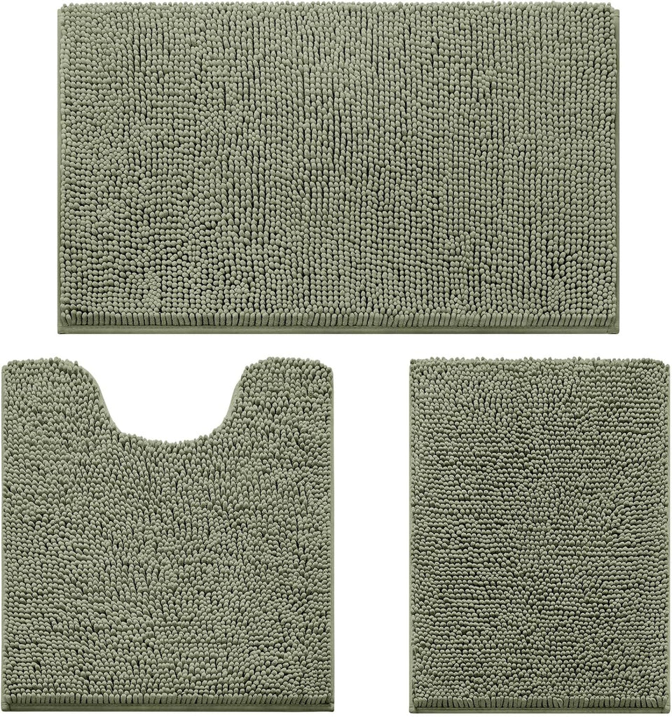 3 Pieces Bathroom Rugs, Ultra Soft Non Slip Absorbent Chenille Toilet Bath Mat Set (Sage Green)