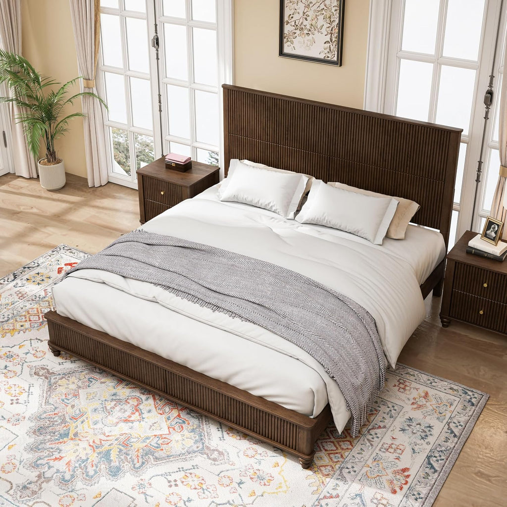 53.94" Tall Headboard Bed Frame Solid Wood Bed Frame Low Profile Farmhouse Wood Bed with Wooden Slats No Box Spring