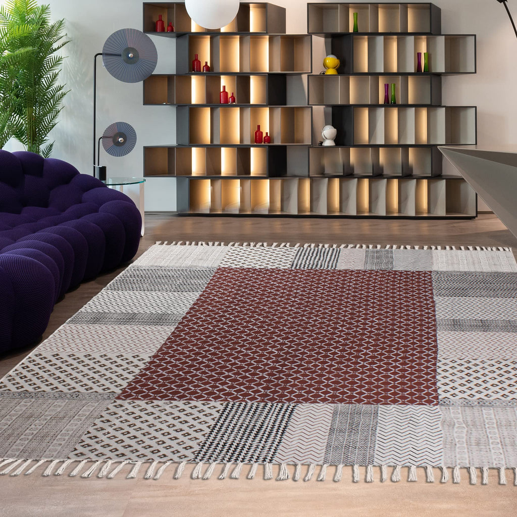 Area Rug 3x5 Kilim Rug Brown & Beige Cotton Dhurrie Geometric Design 0.19 inches Stone Easy Washable Rug Hand Wash