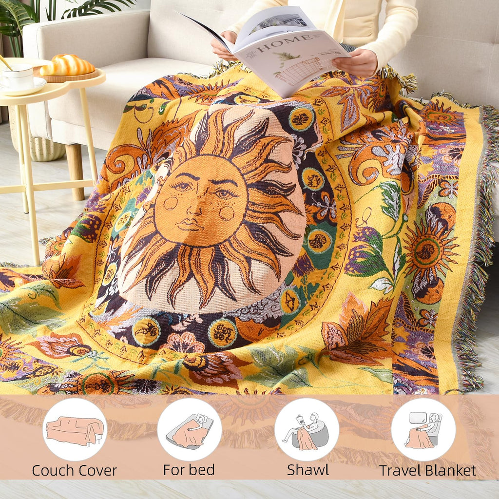 Boho Throw Blanket Reversible Woven Bohemian Tapestry Room Decor