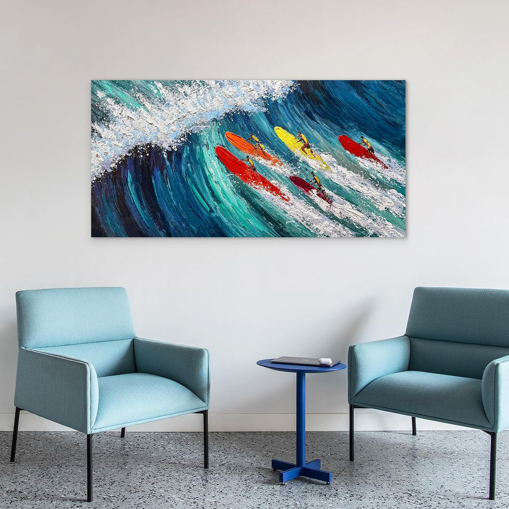 Coastal Canvas Wall Art Large Blue Beach Hand Painted Oil Painting Ocean Wave Wall Art Colorful Surfer Artwork