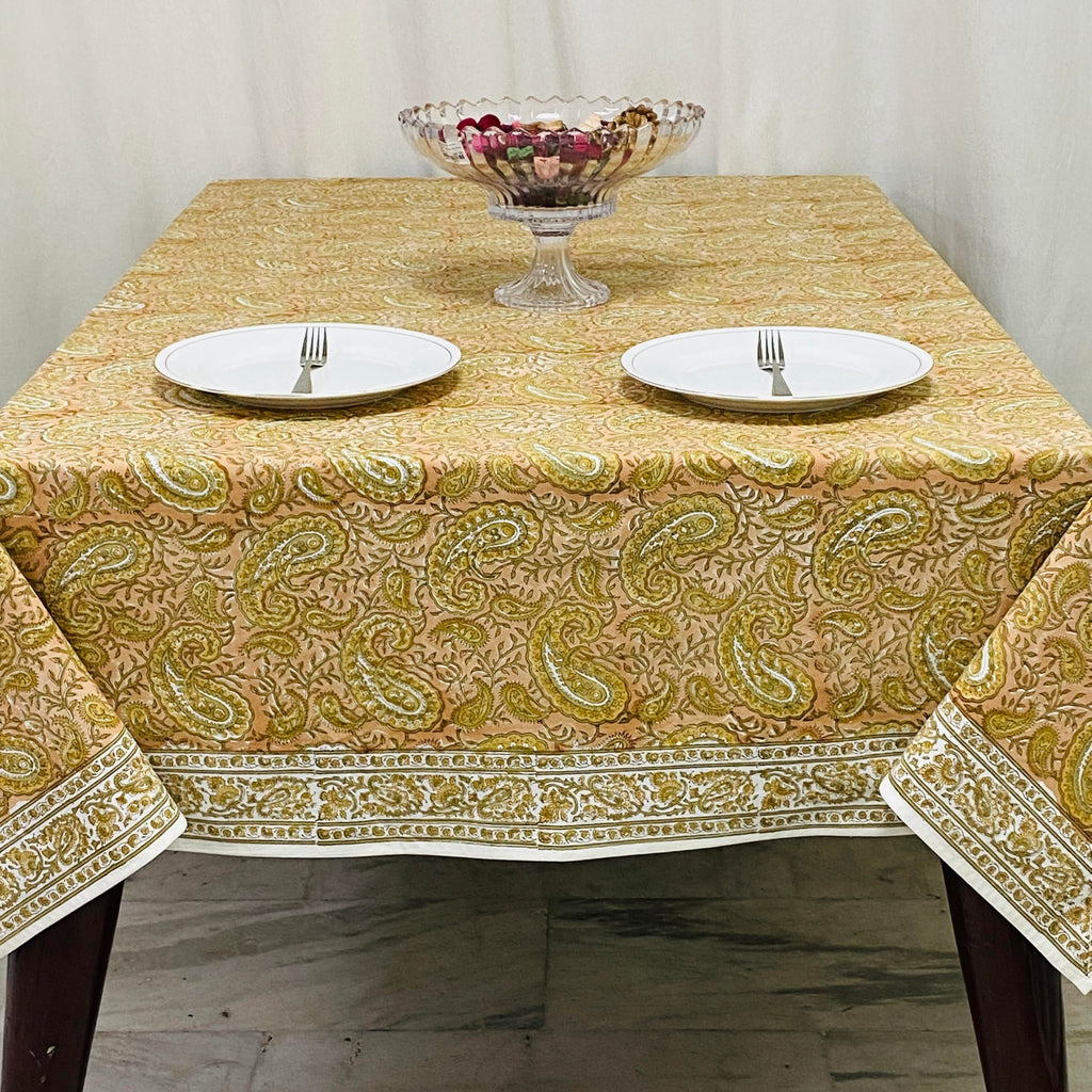 Romantic Reverie Hand Block Print Rectangle Tablecloth 190x72 Inch