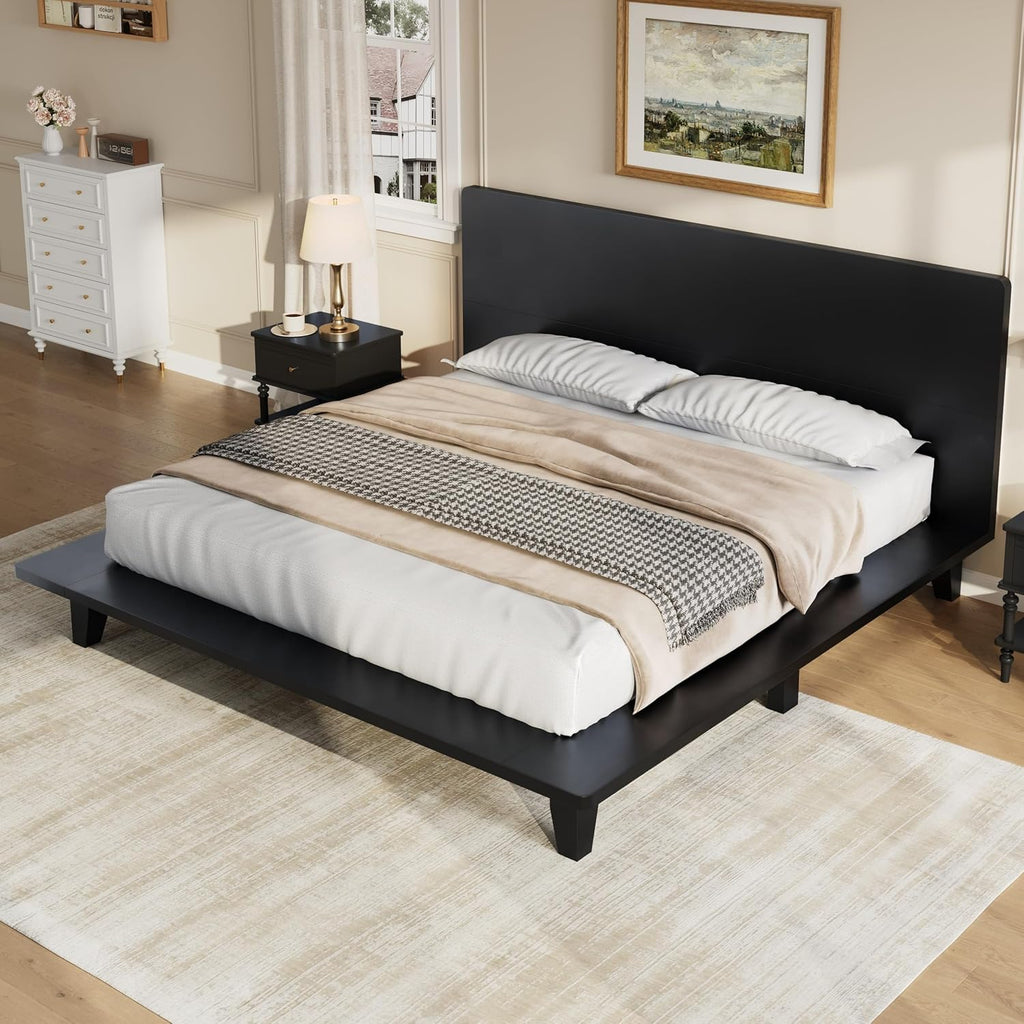 King Size Wooden Bed Frames with Black Headboard, Japanese Pine Wood Platform Bed, Rustic & Mid-Century Modern