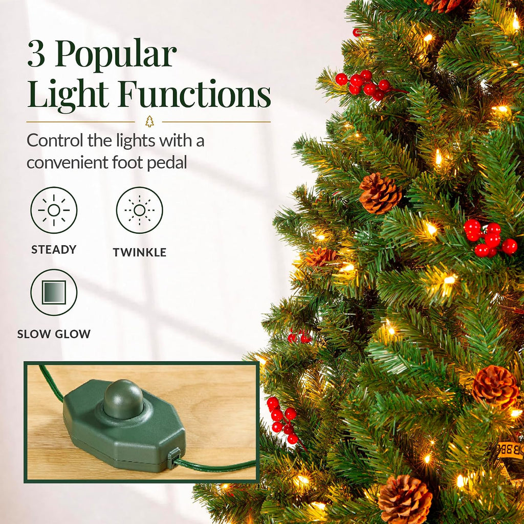 Pre-Lit Pre-Decorated Artificial Christmas Tree Spruce w/Twinkling LEDs Pinecones, Berries, 1,300 Lights, w