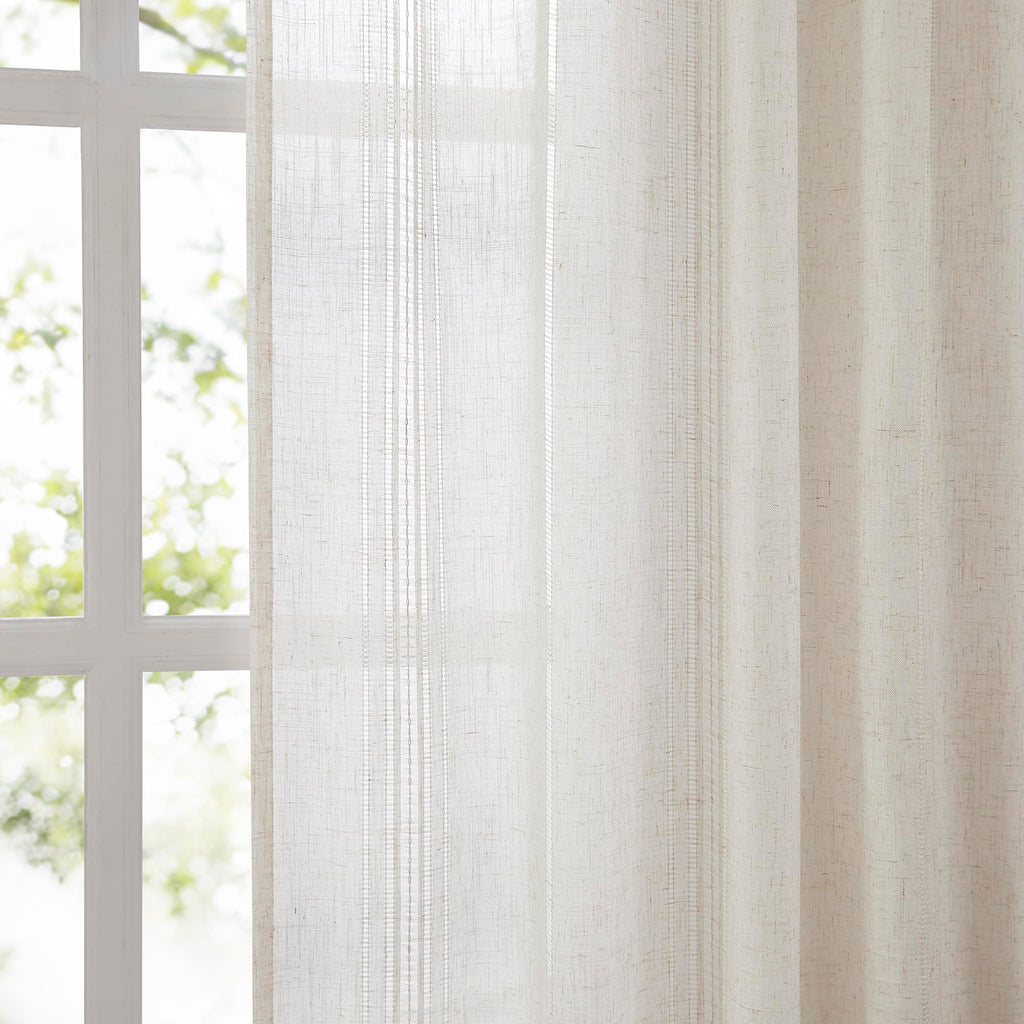 Natural Linen Boho Curtains 84 Inches Long Light Filtering Semi Sheer Privacy Drapes, Farmhouse Rustic Hollowed-Out