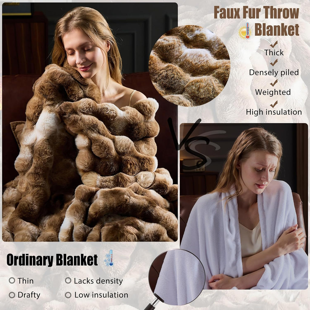 Faux Fur Throw Blanket for Couch, Fluffy Fuzzy Plush Bubble Blanket, Soft Warm Cozy Shaggy Rabbit Blanket, Luxury