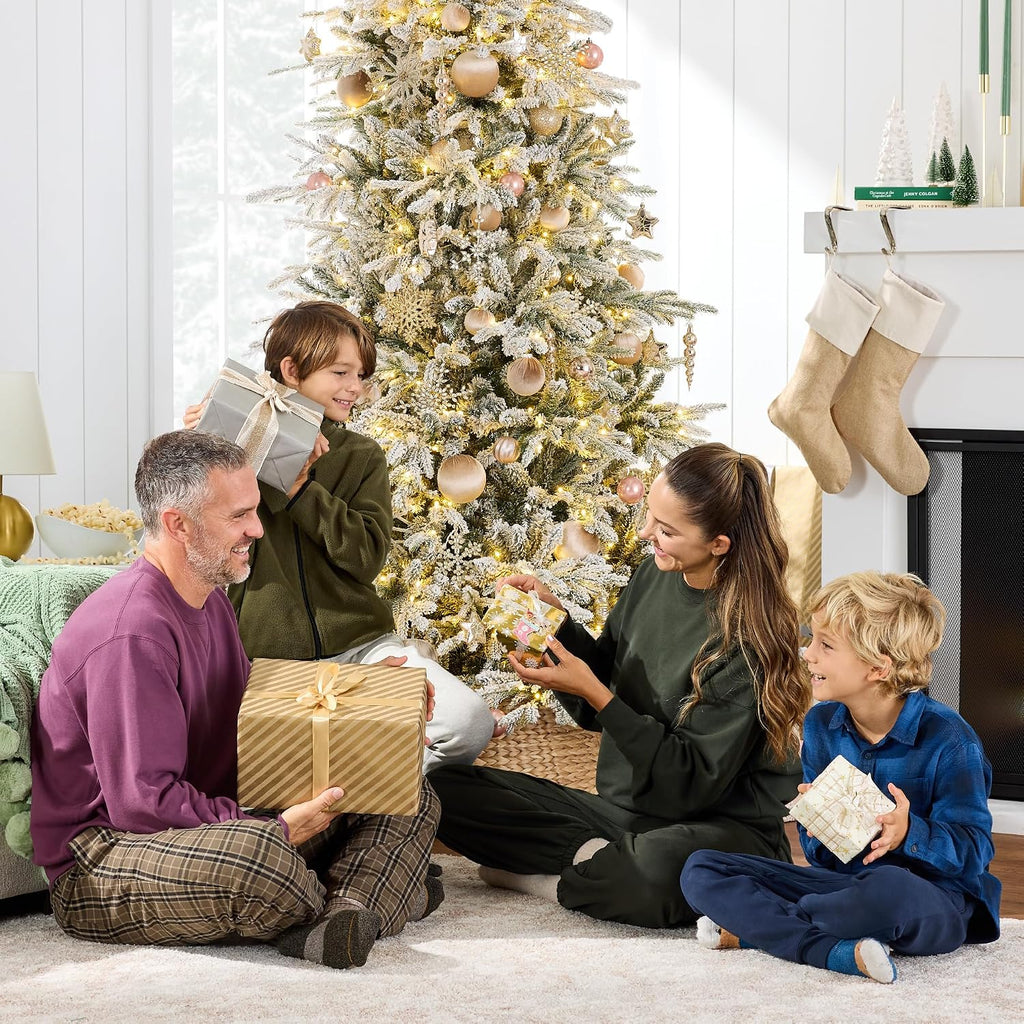 Full Flocked Aspen Christmas Tree, Pre-lit Realistic Noble Fir w/ 700 Glowing LED Lights, 2-in-1 White &