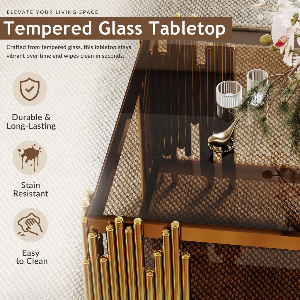 43" Luxury Gold Coffee Table with Brown Glass Tabletop & Gold Base