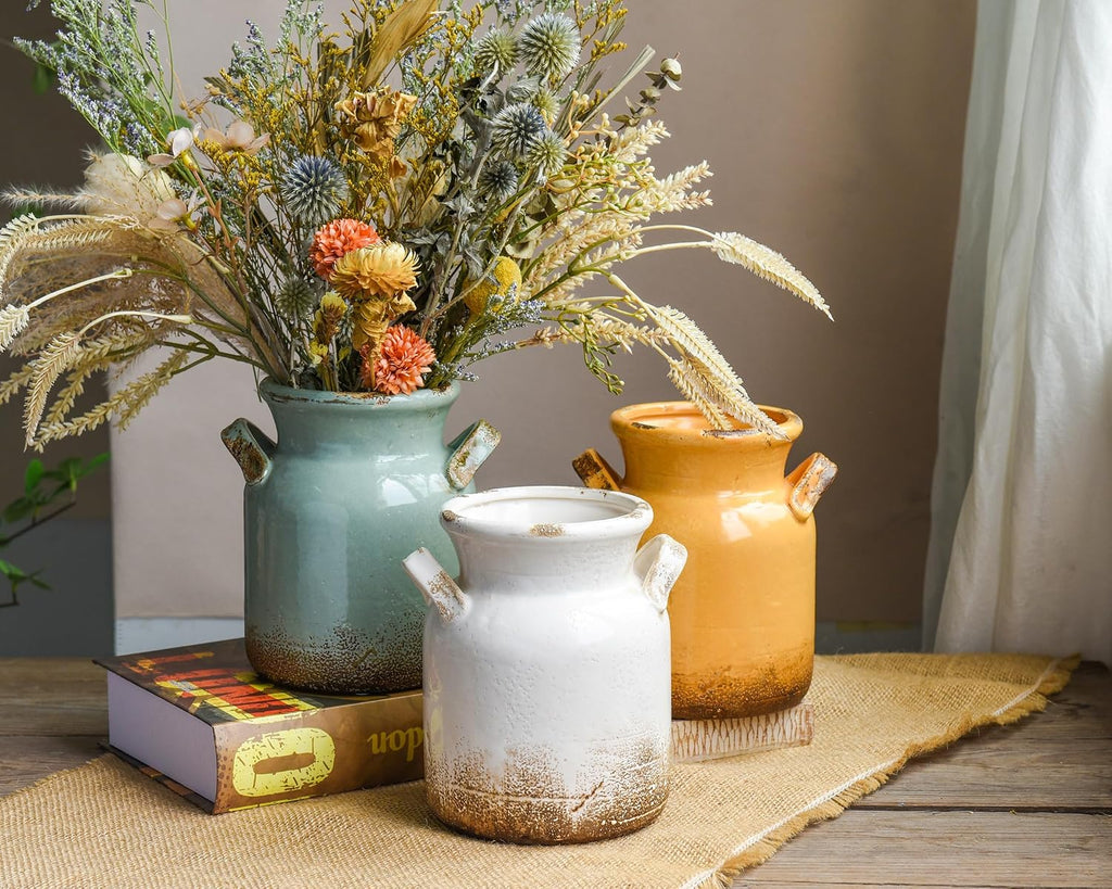 Ceramic Rustic Farmhouse Vase, Distressed Decorative Flower Vases