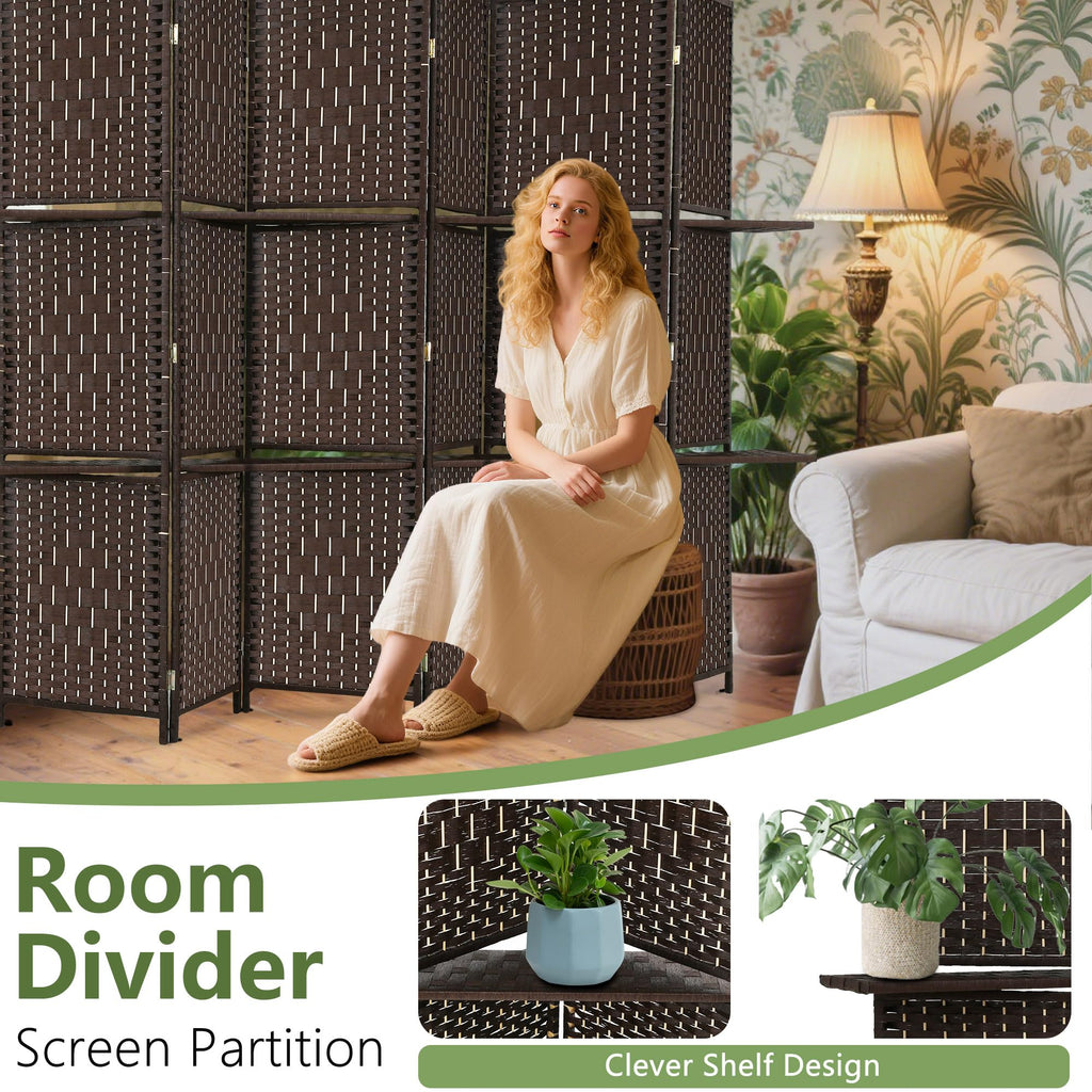 6 Panel Folding Room Divider with Shelves | 5.9ft, Dark Brown