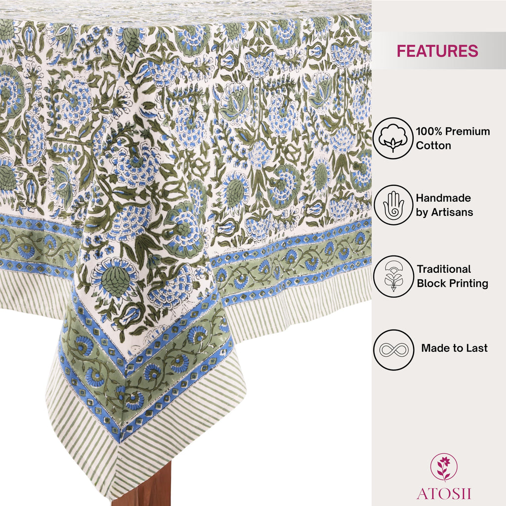 Cotton Blockprint Rectangle Table Cloth, Clover Blue, 108" X 60"