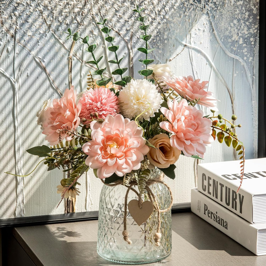 Fake Flowers with Vase,Faux Flowers in Vase Decor,Silk Pink Dahlia Artificial Flowers with Vase for Coffee Table