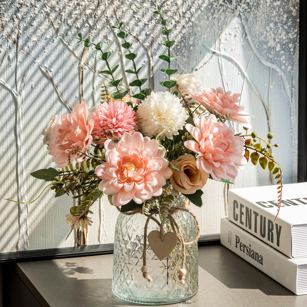 2 Pack Set Fake Flowers with Vase, Faux Flowers in Vase Decor, Silk Pink Dahlia Artificial Flowers with Vase for Coffee
