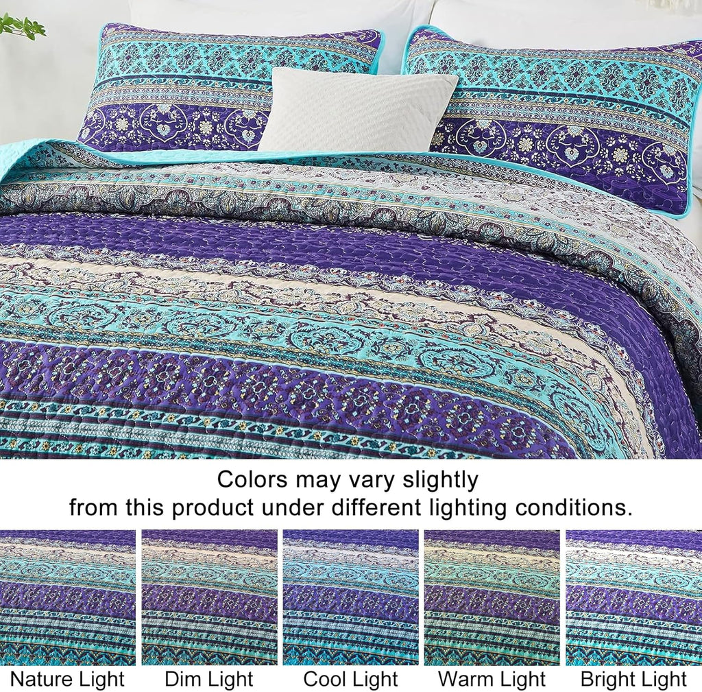 Boho Queen Quilt Set, Blue Bohemian Queen Quilt Bedding Set, Lightweight Microfiber Bed Decor Bedspread for All