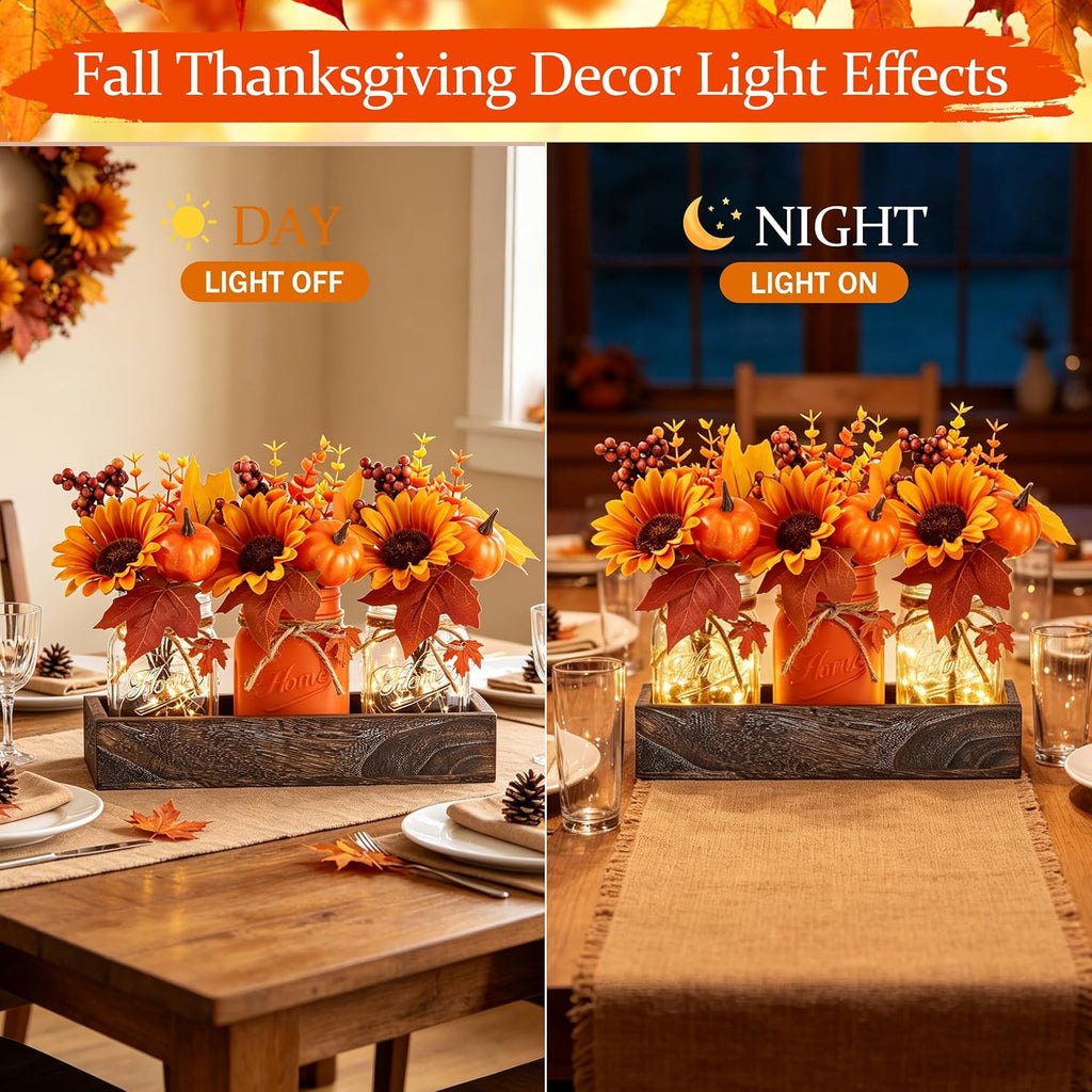 Mason Jar Fall Thanksgiving Table Decorations, Centerpieces for Tables - Set of 3