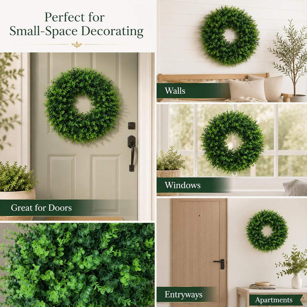 24 Inch Boxwood Wreath for Front Door, Artificial Greenery Wreath, Large Faux Boxwood Door Wreath, Waterproof UV