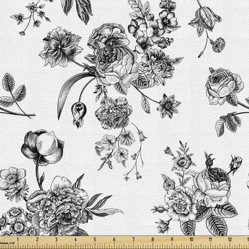 Black and White Fabric by The Yard, Vintage Floral Pattern Victorian Classic Royal Inspired New Modern Art