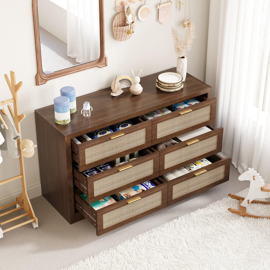 6 Drawer Rattan Dresser, Boho 47.2" Wide Wooden Chest of Drawers, Dresser TV Stand with Metal Handle, Large Storage