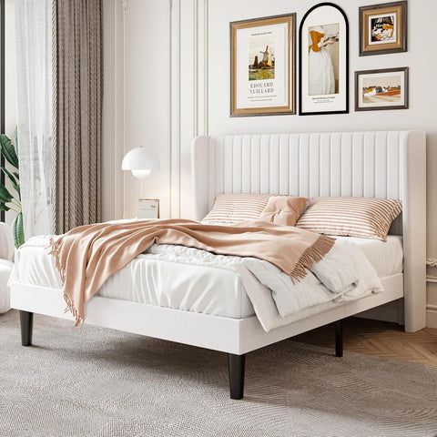 Queen Velvet Bed Frame with Vertical Channel Tufted Wingback Headboard, Upholstered Platform Bed with Wood Slats