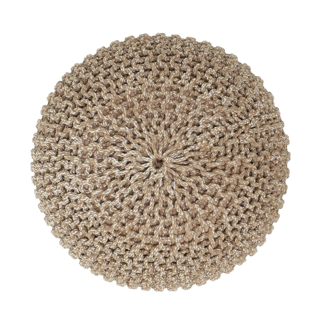Round Pouf - Hand Knitted Boho Poof - Beige Ivory, Set of 2