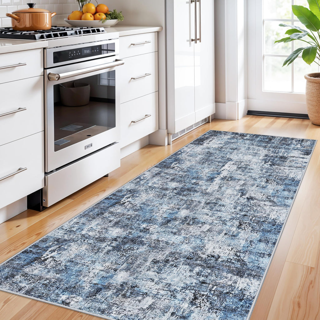 3x7 Washable Non-Slip Kitchen Runner Rug - Modern Abstract Neutral Carpet, Laundry Room - Low-Pile Thin Wide Floor