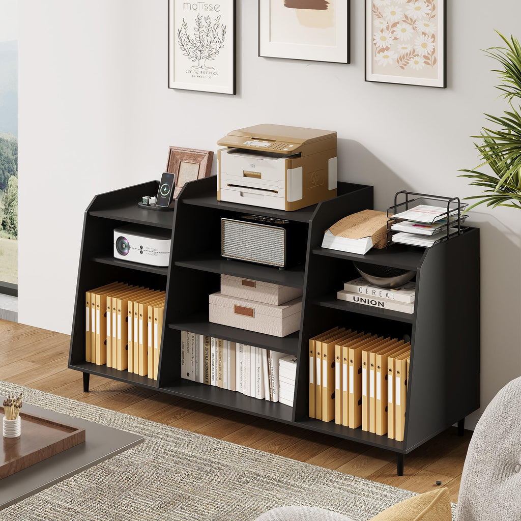 55" Record Player Stand with Charging Station, 4-Tier Vinyl Record Storage Cabinet with Divided Shelves, Adjustable