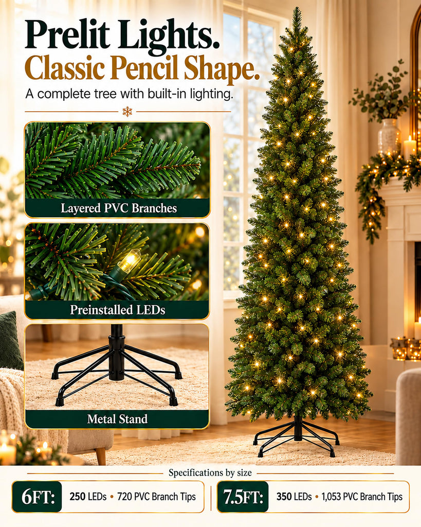 6FT Smart Prelit Pencil Christmas Tree Lights App Magic Wand Control