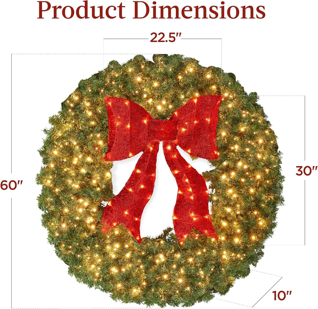 60in Large Artificial Pre-Lit Fir Christmas Wreath Holiday Accent Decoration for Door, Mantel w/Red Lighted Bow, 375