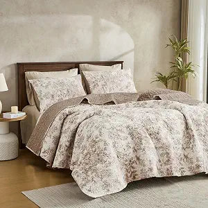 Taupe Floral Quilt King, 3-Piece Breathable Cotton Face Bedding Set, Neutral Vintage Farmhouse Rustic Lightweight - Set of 2