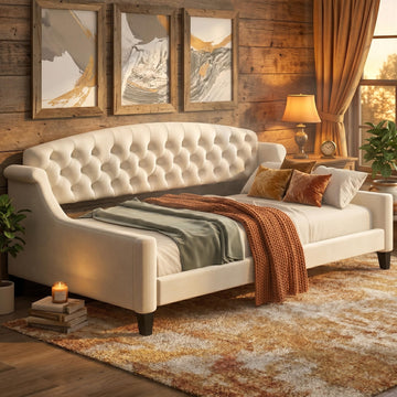 Twin Daybed, Twin Size Luxury Tufted Button Daybed, Upholstered Twin Daybed Frame, Sofa Bed Living Room, Beige