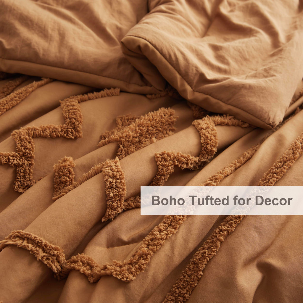 Tufted Boho Queen Comforter Set, Pumpkin, 3 Pieces