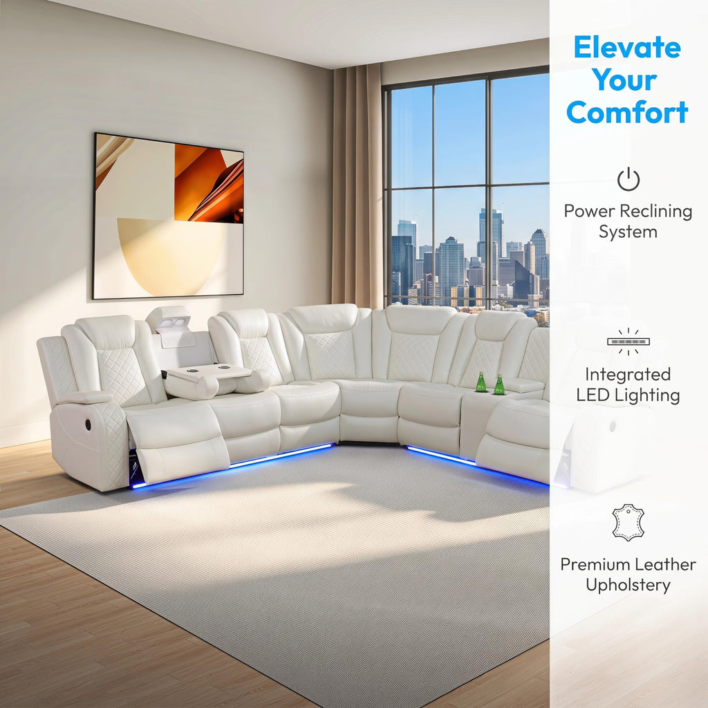 Power Reclining Sectional Sofa, L‐Shape Faux Leather Recliner Couch with LED Ambient Light, Cup Holders, USB Charging
