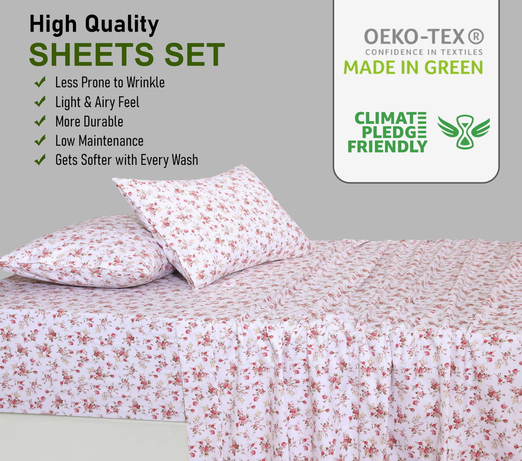 100% Cotton Percale King Sheets, King Size Sheets Set, Bouquet