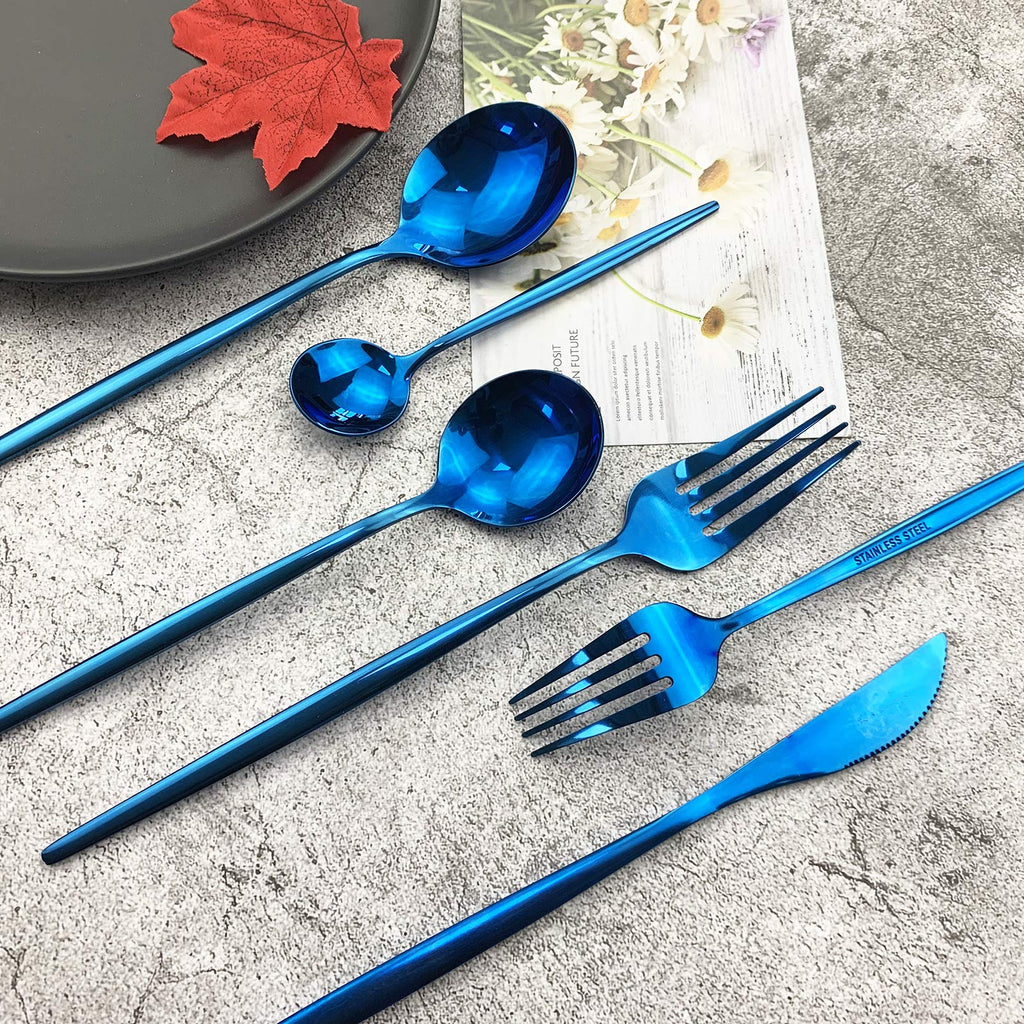 Silverware Set, Mirror Polished Blue Flatware Cutlery Service for 4, Shiny Finish 24-Piece Stainless Steel Utensil