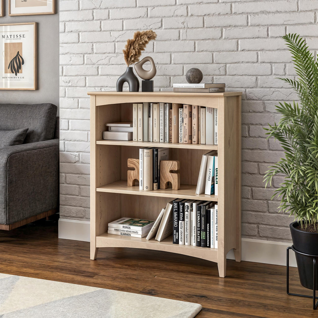 Shaker Style 3 Shelf Bookcase/Solid Wood / 36" High/Adjustable Shelving/Closed Back/Display Bookshelf, Light Oak