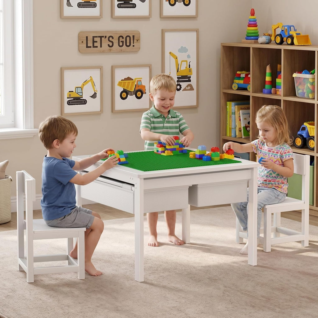Kids Construction Play Table and Chair Set with Drawers