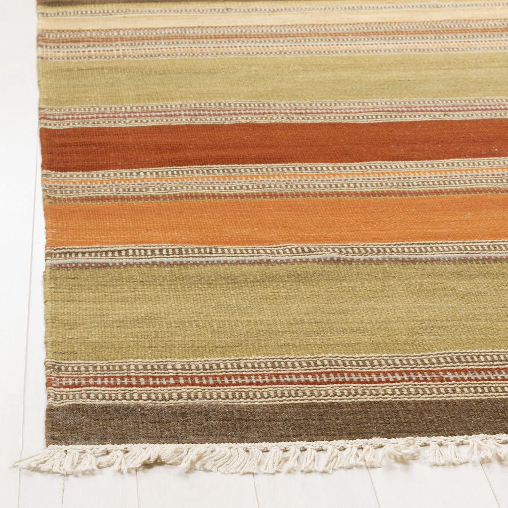 Striped Kilim Collection Accent Rug, Green, Handmade Flat Weave Wool, Ideal for High Traffic Areas (STK317A)