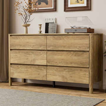 55.1" Wide 6 Drawer Wood Dresser with Legs, Natural Oak