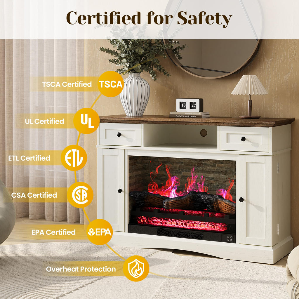 47" Fireplace TV Stand with 28" Electric Fireplace, White Media Console