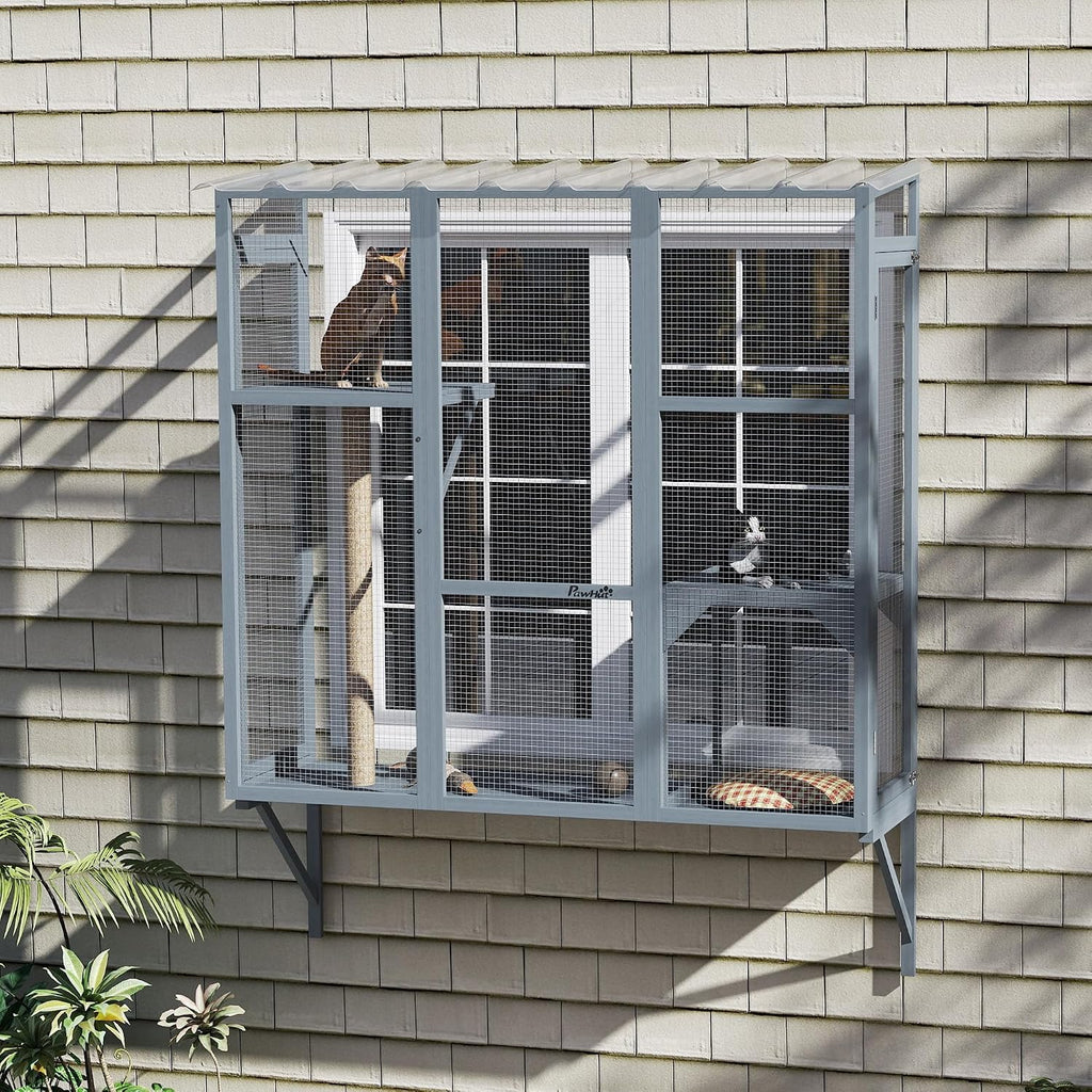 Outdoor Catio for 2-3 Large Indoor Cats 2 Jumping Platforms Gray
