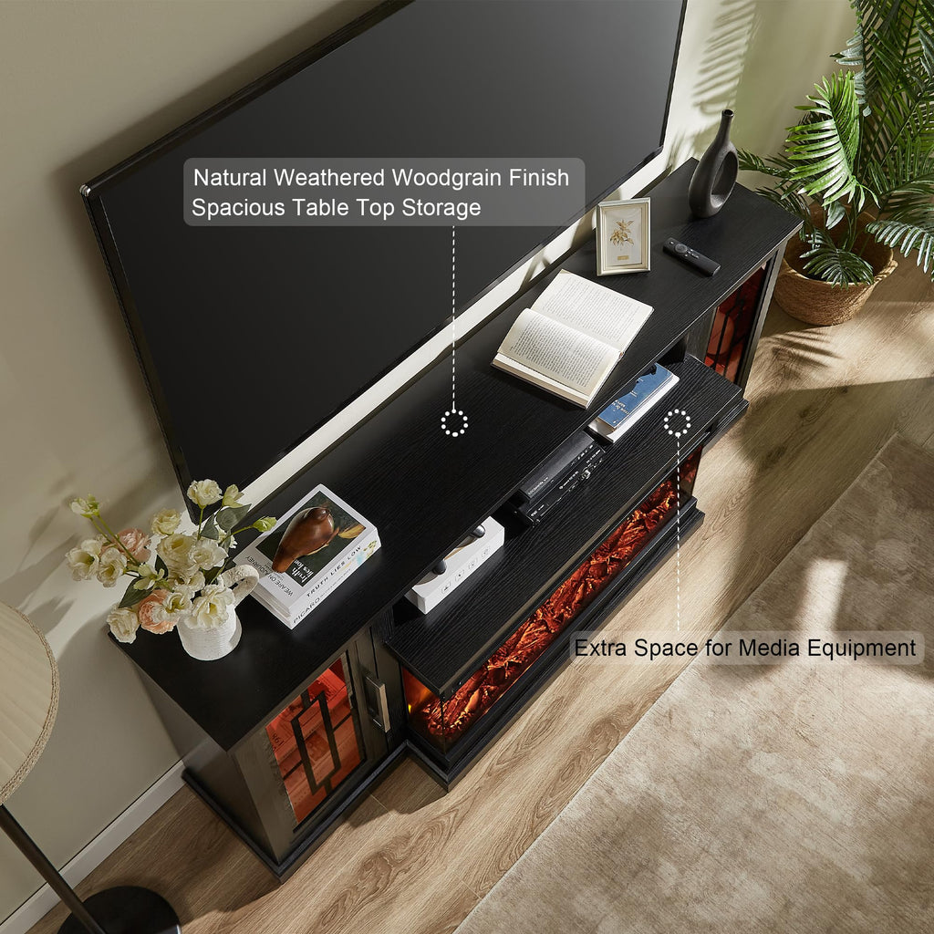 75 Inch Electric Fireplace TV Stand, 3- Side Glass LED Modern Media Entertainment Center Console Table for TVs up to